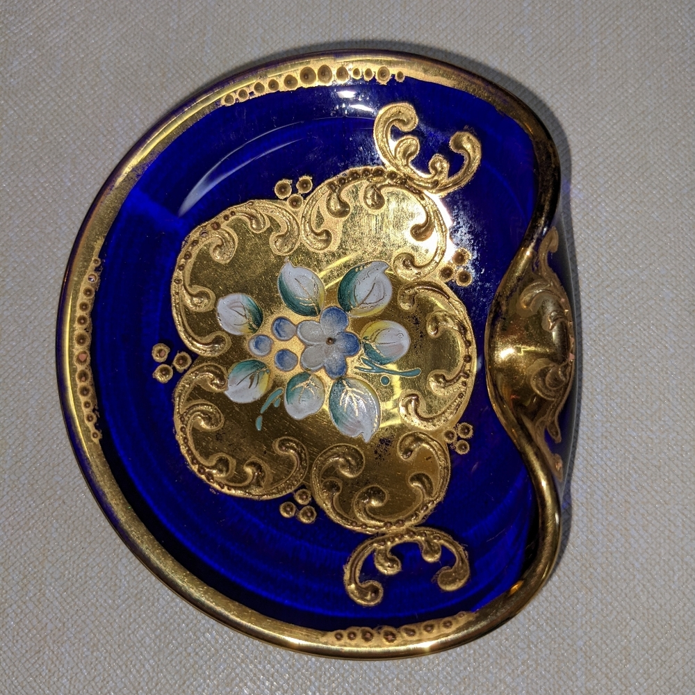 Czeck Cobalt Blue Glass trinket dish with hand painted gold designs